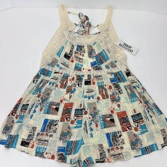 Urban Outfitters Brunching Lace Trim Romper Size Small Gauzy Lightweight Loose - Picture 2 of 16